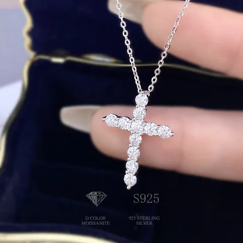 925 Sterling Silver Moissanite Cross Necklace For Women D Color Moissanite Pendant Light Luxury Cross Chain Necklace Jewelry Gift