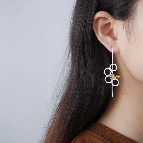 925 Sterling Silver Beehive Bee Ear Threads For Women Pastoral Style Gold Plated Long Dangle Earrings Nature Inspired Jewelry Gift