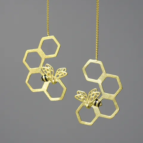 925 Sterling Silver Beehive Bee Ear Threads For Women Pastoral Style Gold Plated Long Dangle Earrings Nature Inspired Jewelry Gift