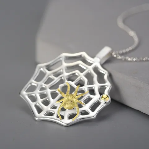 Collar con Colgante de Telaraña de Plata de Ley 925 Diseño Único Estilo Chino Bicolor Oro Plata Joyería de Insectos para Mujer