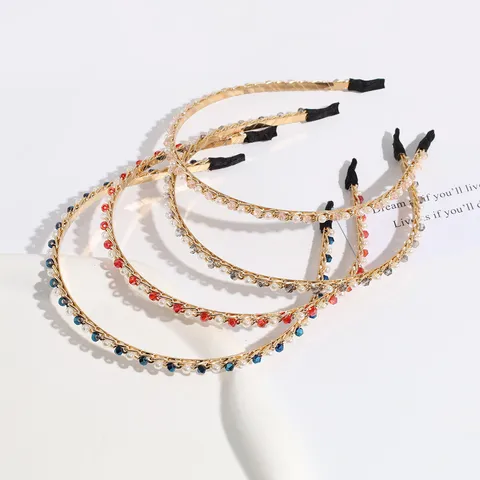 Korean Style Crystal Artificial Pearl Headband Fashion Sweet Chain Rhinestone Hair Hoop Thin Edge Hair Band Women Jewelry