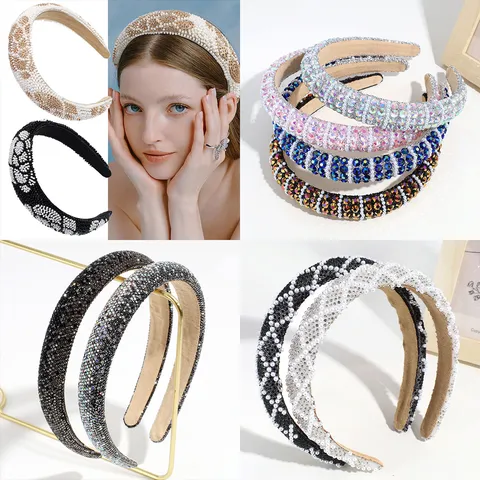 Baroque Padded Sponge Headband For Women Rhinestone Artificial Pearl Headband Fashion Beaded Hair Band Vintage Hair Accessories