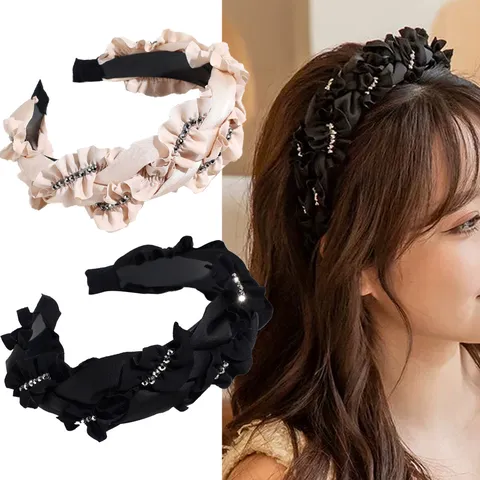 Strass Roffel Brede Haarrand Satijn Polyester Haarband Elegant Effen Kleur Haaraccessoires Voor Vrouwen Decoratieve Haarrand
