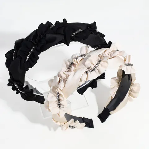 Strass Roffel Brede Haarrand Satijn Polyester Haarband Elegant Effen Kleur Haaraccessoires Voor Vrouwen Decoratieve Haarrand