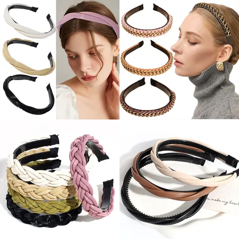 Women PU Leather Braided Twist Headband Non-Slip Hair Hoop Simple Fashion Cross Headwear Outdoor Daily Hair Accessories For Lady