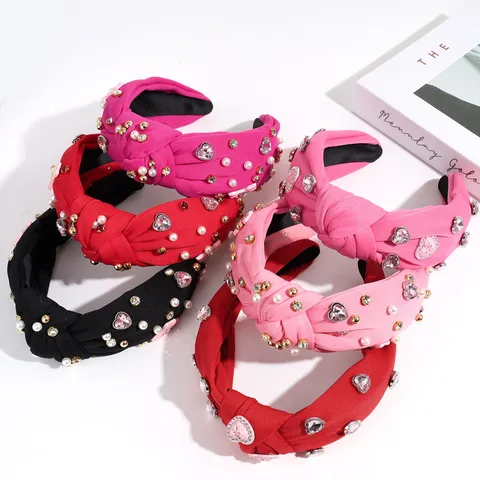 Fashion Knotted Wide Headband Pink Heart Rhinestone Hair Hoop Pearl Embellished Hair Accessories For Valentine's Day Women