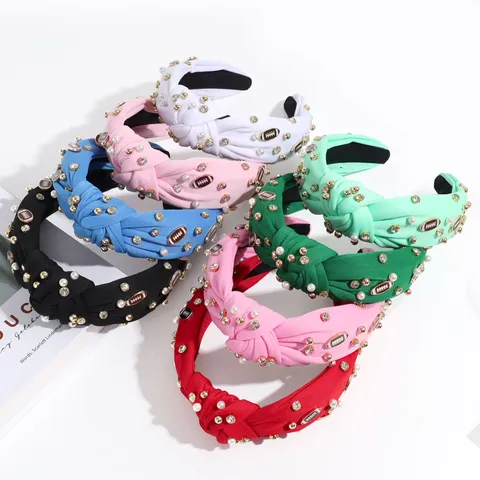 Mode Brede Geknoopte Stoffen Haarband Voor Dames Met Kunstparel Strass Sport Rugby Hanger Effen Kleur Haarband Haaraccessoire