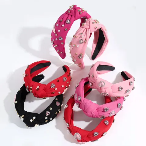 Fashion Knotted Wide Headband Pink Heart Rhinestone Hair Hoop Pearl Embellished Hair Accessories For Valentine's Day Women