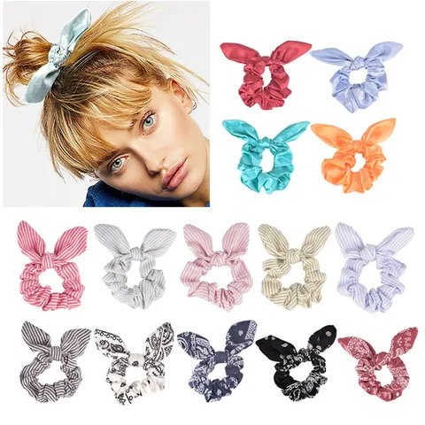 Women Rabbit Ears Satin Bow Hair Scrunchies Ins Style Elastic Hair Ties Ribbon Knot Large Intestine Hair Bands Accessories