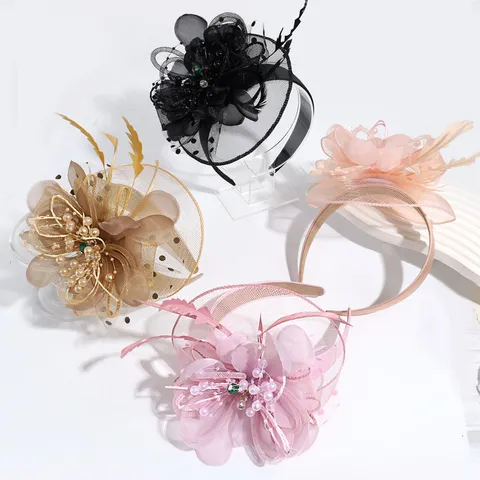Vintage Palace Style Polyester Mesh Veil Headband Elegant Flower Feather Headwear With Artificial Pearl Rhinestone For Women Banquet Wedding Party