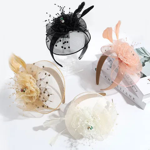 Vintage Palace Style Polyester Mesh Veil Headband Elegant Flower Feather Headwear With Artificial Pearl Rhinestone For Women Banquet Wedding Party