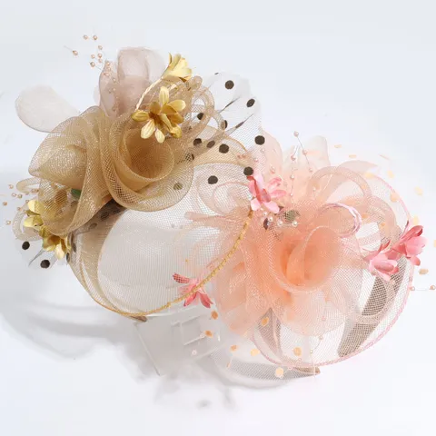 Elegant Court Style Mesh Veil Headband With 3D Satin Flower Feather For Banquet Wedding Party Women Royal Vintage Hair Accessories