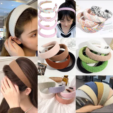Women Korean Style Tweed Braided Wide Headband Sweet High Top Hair Hoop Vintage Knitted Fabric Hairband Fashion Hair Accessories