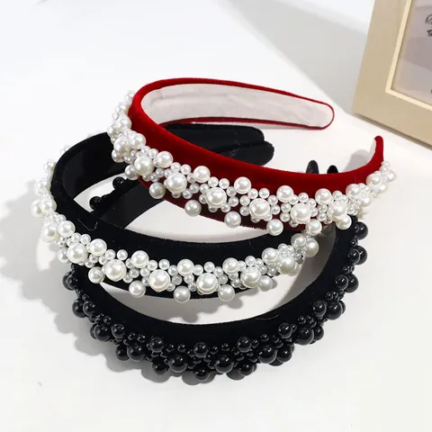 Diadema Ancha de Terciopelo Elegante Con Perla Artificial Retro Acolchado Diadema de Moda Con Perlas de Malla Accesorios para el Cabello Mujer Fiesta Diario