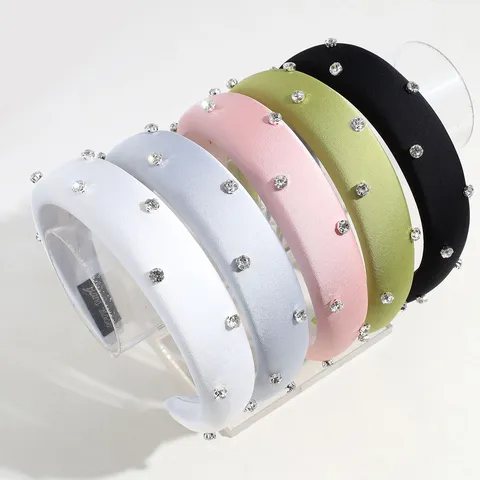 Fashion Puffy Satin Sponge Headband For Women Rhinestone Inlaid Solid Color Padded Hairband High Top Hair Accessories