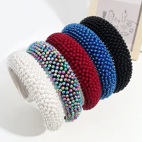 Fashion Padded Sponge Headband For Women Vintage Artificial Pearl Rhinestone Hairband Elegant High Top Hair Accessories For Party Daily
