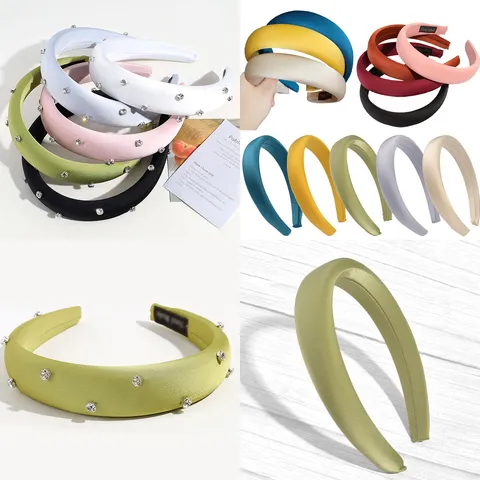 Fashion Puffy Satin Sponge Headband For Women Rhinestone Inlaid Solid Color Padded Hairband High Top Hair Accessories