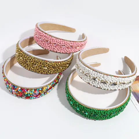 Baroque Wide Sponge Headband For Women Elegant Handmade Colorful Artificial Pearl Rhinestone Hairband Retro Wedding Party Hair Accessories