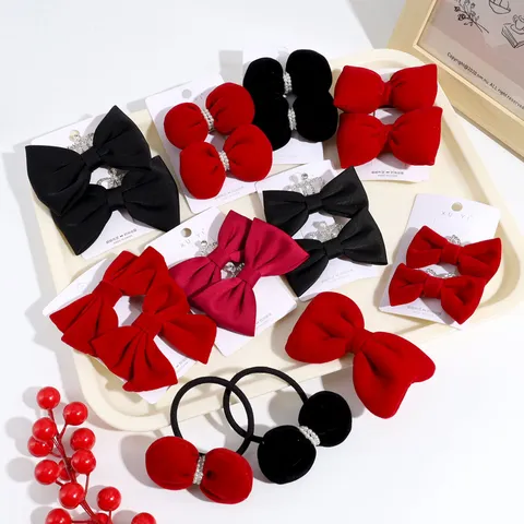 Christmas Red Velvet Bow Hair Clip Crown Pearl Hairpin Winter Cute Ribbon Side Clip Bowknot Hair Accessories For Women Girls