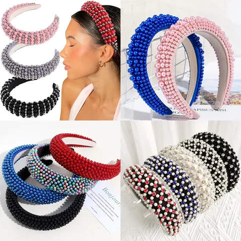 Fashion Padded Sponge Headband For Women Vintage Artificial Pearl Rhinestone Hairband Elegant High Top Hair Accessories For Party Daily