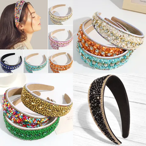 Baroque Wide Sponge Headband For Women Elegant Handmade Colorful Artificial Pearl Rhinestone Hairband Retro Wedding Party Hair Accessories