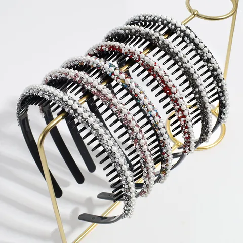 Elegant Plastic Toothed Headband With Artificial Pearl Rhinestone Thin Hair Band Non-Slip Hairband Hair Accessories For Women Daily Party Jewelry