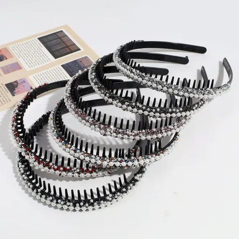 Elegant Plastic Toothed Headband With Artificial Pearl Rhinestone Thin Hair Band Non-Slip Hairband Hair Accessories For Women Daily Party Jewelry