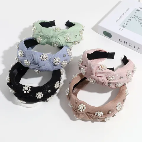 Diadema con Nudo Retro para Mujer Perla Artificial Strass Banda Ancha para el Pelo Accesorios Moda