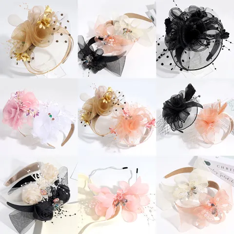 Elegant Court Style Mesh Veil Headband With 3D Satin Flower Feather For Banquet Wedding Party Women Royal Vintage Hair Accessories