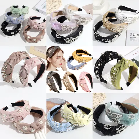 Diadema con Nudo Retro para Mujer Perla Artificial Strass Banda Ancha para el Pelo Accesorios Moda