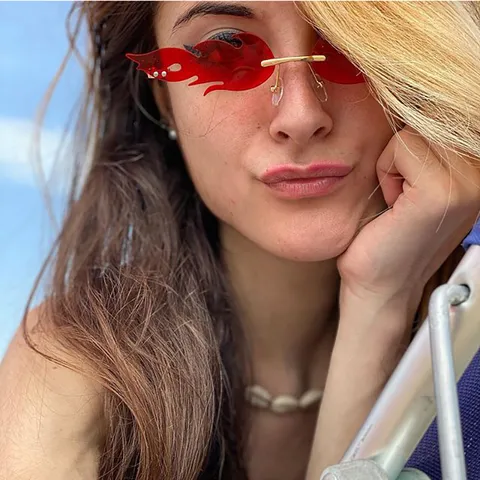 Rimless Flame Sunglasses Trendy Fire Shape Novelty Colored Lenses Metal Frame Eyewear For Festival Party Women Men