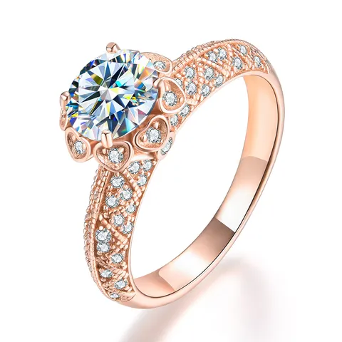 GRA Luxus 925 Sterlingsilber Moissanit Ring Für Damen Platin Roségold Überzogen Rundschliff Blütenblatt Sechs Krallen Solitär Strass Fingerring Hochzeit Schmuck Geschenk