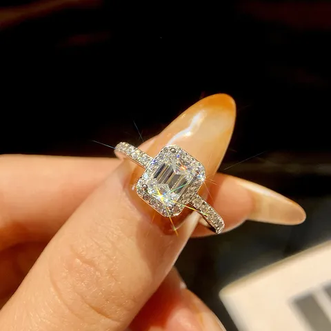 925 Sterlingsilber Moissanit Ring Smaragdschliff Radiant Schliff Halo Strass Eingelegter Verlobungsring Hochzeit Ring Damen Schmuck