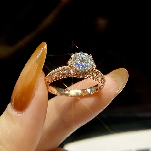 GRA Luxus 925 Sterlingsilber Moissanit Ring Für Damen Platin Roségold Überzogen Rundschliff Blütenblatt Sechs Krallen Solitär Strass Fingerring Hochzeit Schmuck Geschenk
