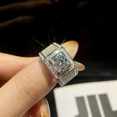 Hip Hop Herren 925 Sterling Silber Ring Moissanit Vollbesetzter Diamant Quadratischer Ring Luxuriöser Verlobungsschmuck Mit GRA Zertifikat