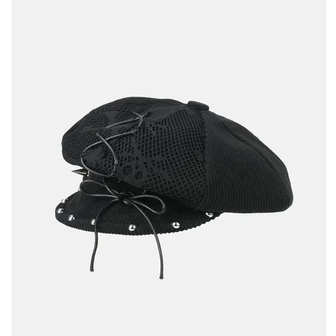 Damen Punk Barette Hut Dunkler Retro Oktogonal Cap Spitzennetz Lederriemen Metallnieten Streetwear Mode Kopfbedeckung