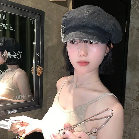 Damen Baskenmütze Vintage Atmungsaktiv Gewaschen Achteckige Newsboy Kappe Mit Metallkette Pin