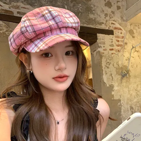 Women Sweet Plaid Beret Hat Retro Preppy Style Baker Boy Cap Stylish Casual Sun Protection Hat Girls Fashion Headwear