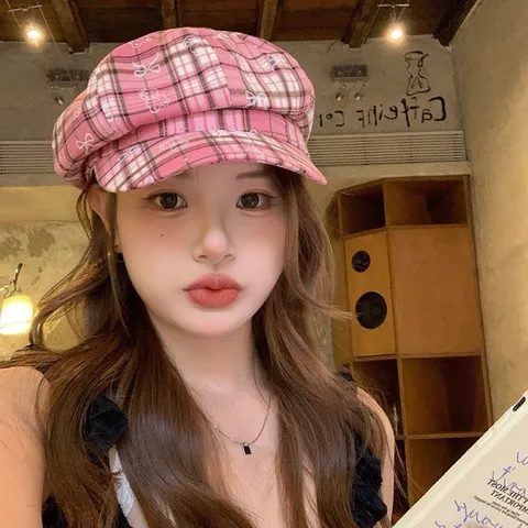 Women Sweet Plaid Beret Hat Retro Preppy Style Baker Boy Cap Stylish Casual Sun Protection Hat Girls Fashion Headwear