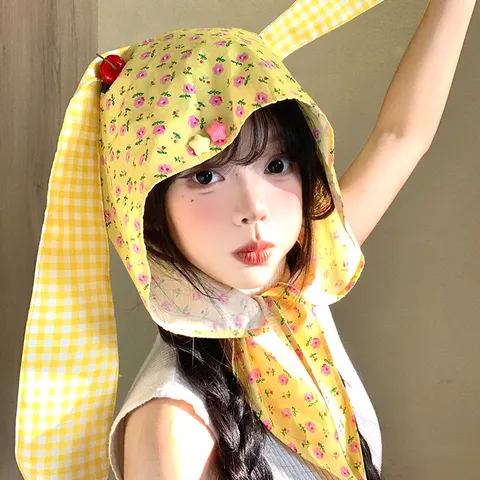 Women Floral Bunny Ears Tie Hat Cute Sweet Cotton Headscarf Sun Protection Casual Versatile Fashion Headwear Accessories