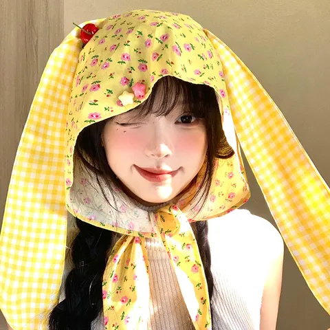 Women Floral Bunny Ears Tie Hat Cute Sweet Cotton Headscarf Sun Protection Casual Versatile Fashion Headwear Accessories