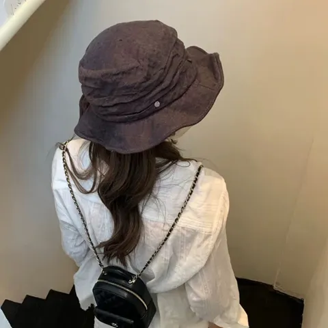 Japanese Vintage Linen Bucket Hat For Women Summer Breathable Foldable Pleated Wide Brim Sun Hat Casual Solid Color Cap