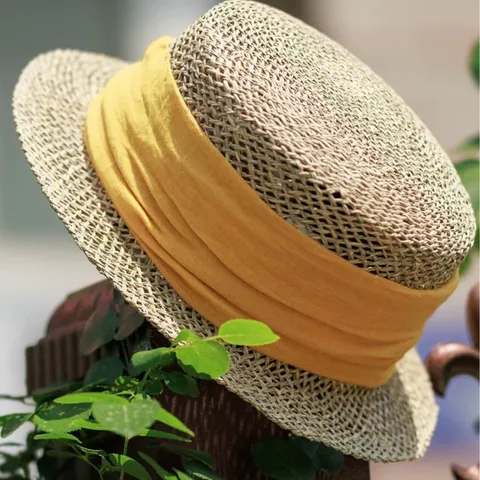 Französischer Vintage Salzgras Durchbrochen Gewebter Flacher Kopf Kurze Krempe Strohhut Sommer Strand Sonnenschutz Damen Hut