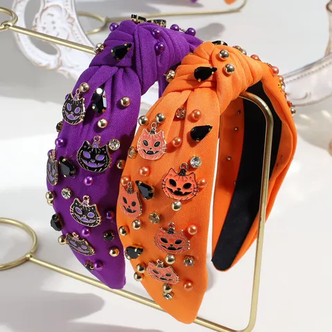 Halloween Fabric Pumpkin Ghost Rhinestone Knotted Headband Festival Party Hair Band Hair Accessories For Women