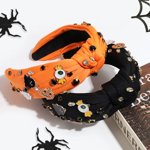 Halloween Fabric Pumpkin Ghost Rhinestone Knotted Headband Festival Party Hair Band Hair Accessories For Women