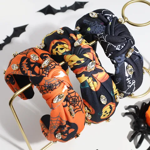 Fashion Halloween Spider Web Pumpkin Knotted Headband Fabric Rhinestone Hair Hoop Festival Hair Accessories For Women