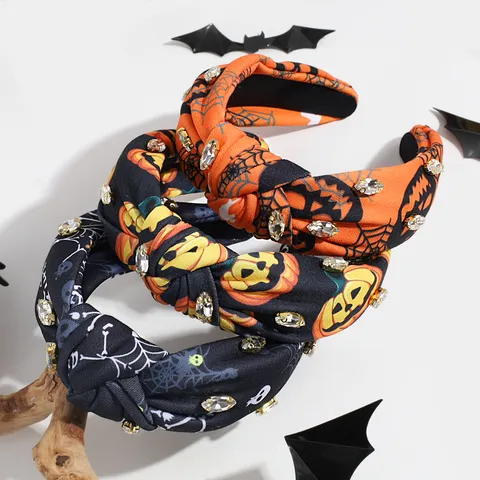 Fashion Halloween Spider Web Pumpkin Knotted Headband Fabric Rhinestone Hair Hoop Festival Hair Accessories For Women