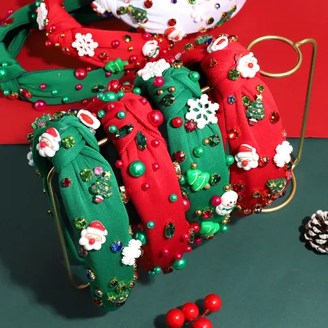 Christmas Knotted Headband with Rhinestones Santa Claus Xmas Tree Snowflake Knotted Hair Hoop For Women Holiday Party Decor