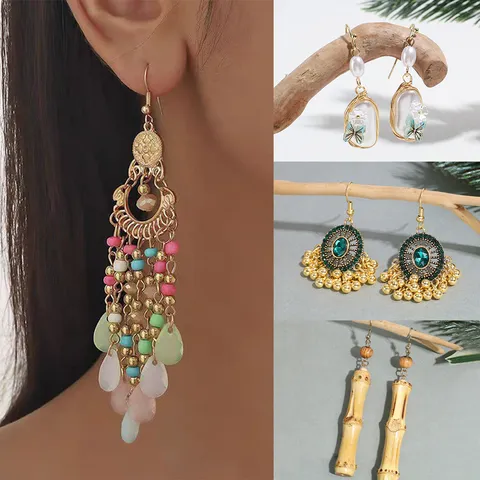Bohemian Straw Beaded Fishbone Stud Earrings Forest Style Flower Shell Bamboo Tassel Drop Earrings Vacation Jewelry For Women