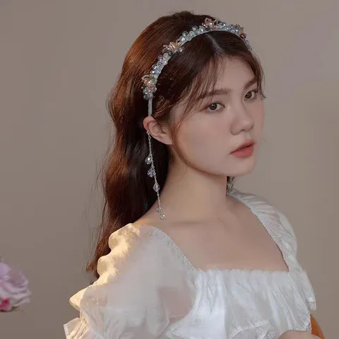 Doux Serre-Tête à Gland Fleur de Cristal et Perle Artificielle Élégant Bandeau en Strass pour Femmes Accessori Cheveux Fête Quotidienne
